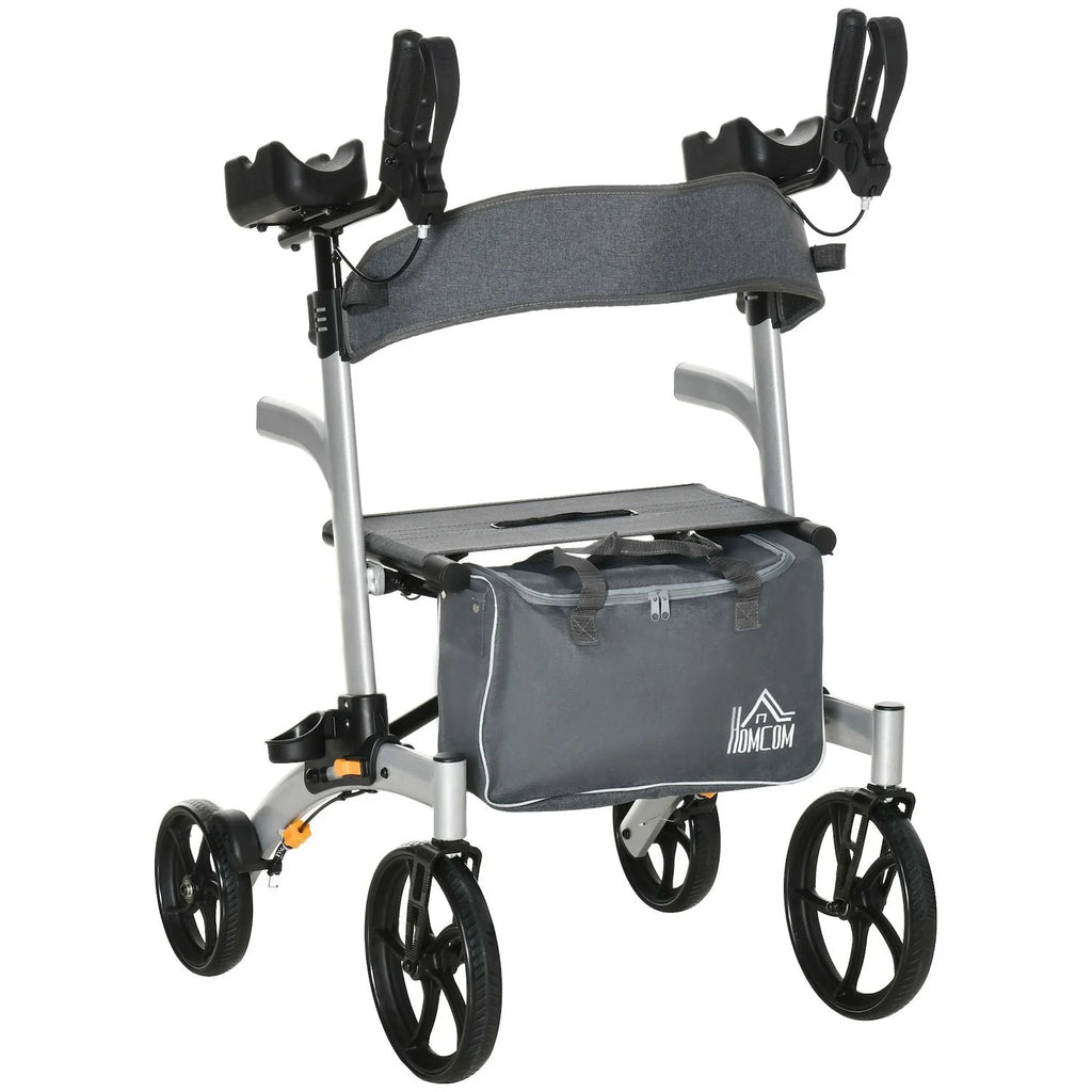 HOMCOM Aluminum Forearm Rollator Walker for Seniors and Adults with 10'' Wheels Seat and Backrest Folding Upright Walker with Adjustable Handle Height and Removable Storage Bag Silver