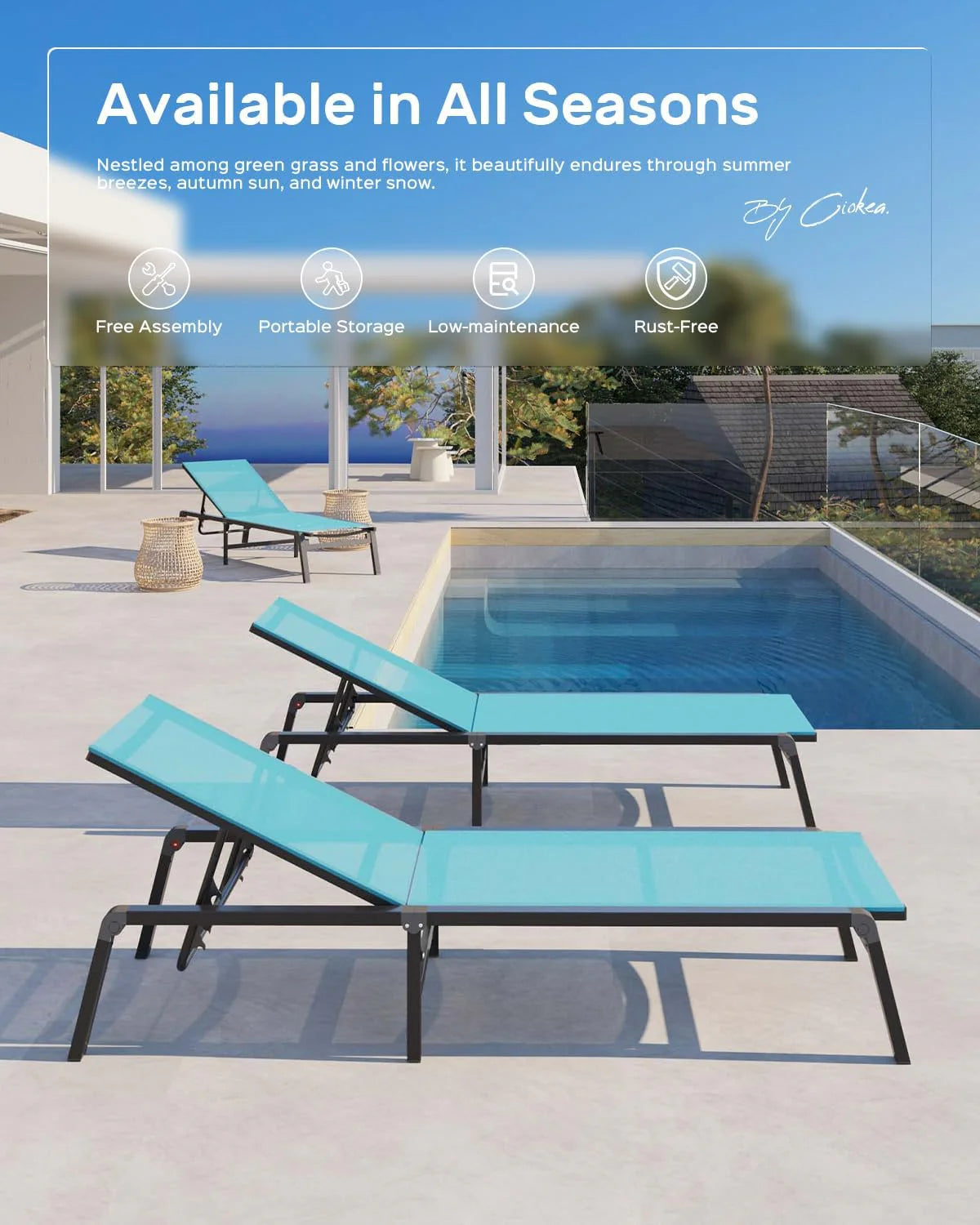 Aluminum Chaise Lounge Ourdoor - Foldable & Assemble Free Outdoor Lounge Chair with 5 Adjustable Backrest, Patio Lounge Chair for Outside Poolside Beach Pool, Black