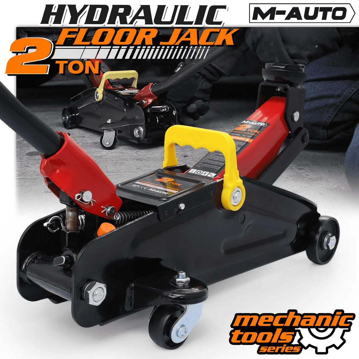 M-AUTO Heavy Duty Hydraulic Trolley Service/Floor Jack with Blow Mold Carrying Storage Case, 2 Ton (4,000 lb) Capacity, Black