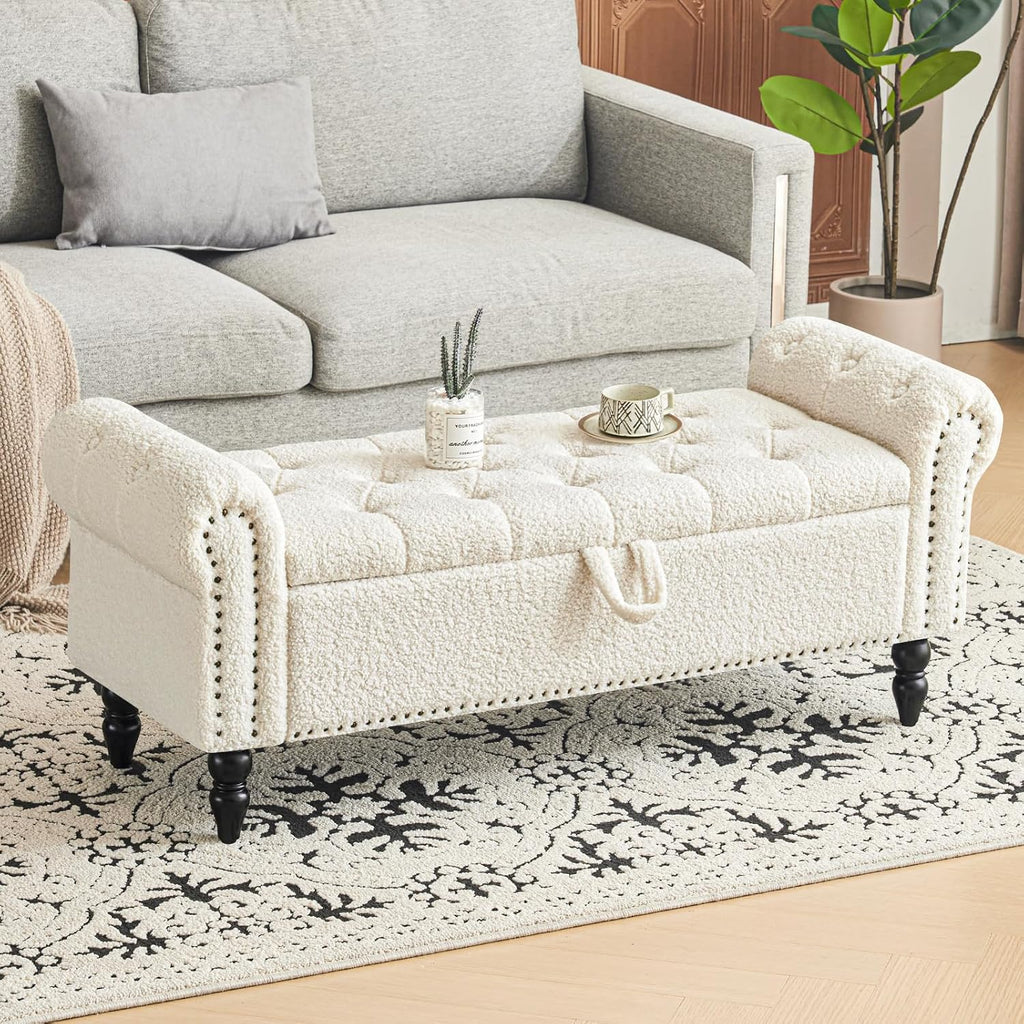 Furniliving Modern Storage Ottoman Bench, Sherpa Ottoman End of Bed Bench with Solid Wood Legs Upholstered Ottoman Benches with Storage Indoor Bench