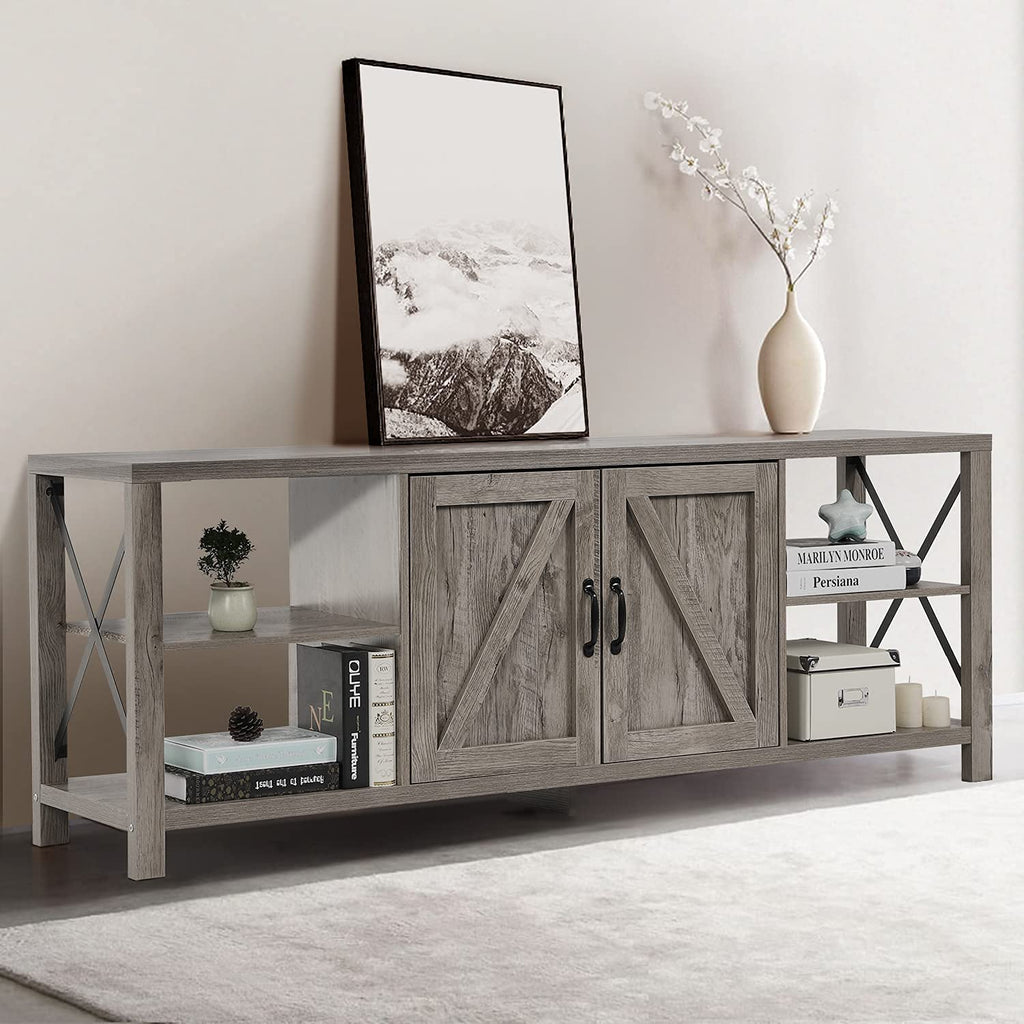 70 Inch TV Stand for 75 Inch TV Entertainment Center Farmhouse, Modern Barn Door TV Console Table with Storage Cabinets and Shelves for TVs Up to 75, Rustic Gray Wash