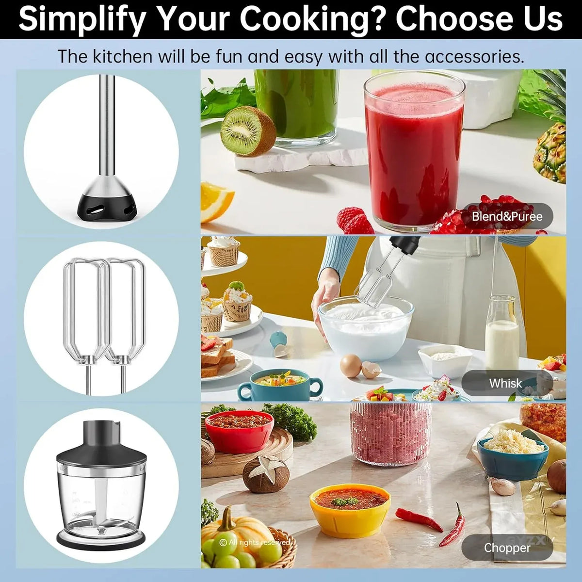 Immersion Blender 1000 Watts Scratch Resistant Hand Blender,20 Speed and Turbo Mode Hand Mixer, 3-in-1 Heavy Duty Copper Motor Stainless Steel Smart Stick with Egg Beaters and Chopper