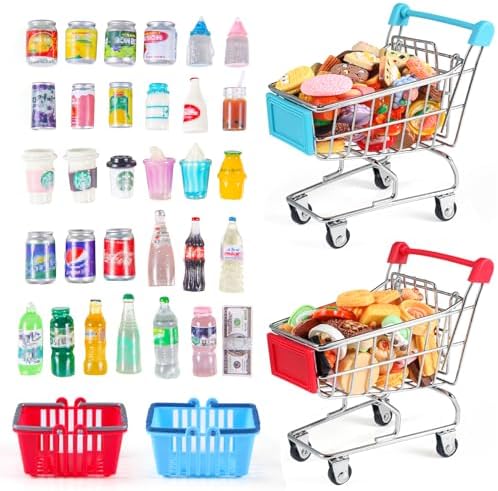 134pcs Mini Shopping Cart Basket Miniature Food Drink Bottle Supermarket Metal Handcart Toys Doll House Store Cosplay Game Dollhouse Grocery Fruit Cake Bread Party Trolley Model Dollar Bills