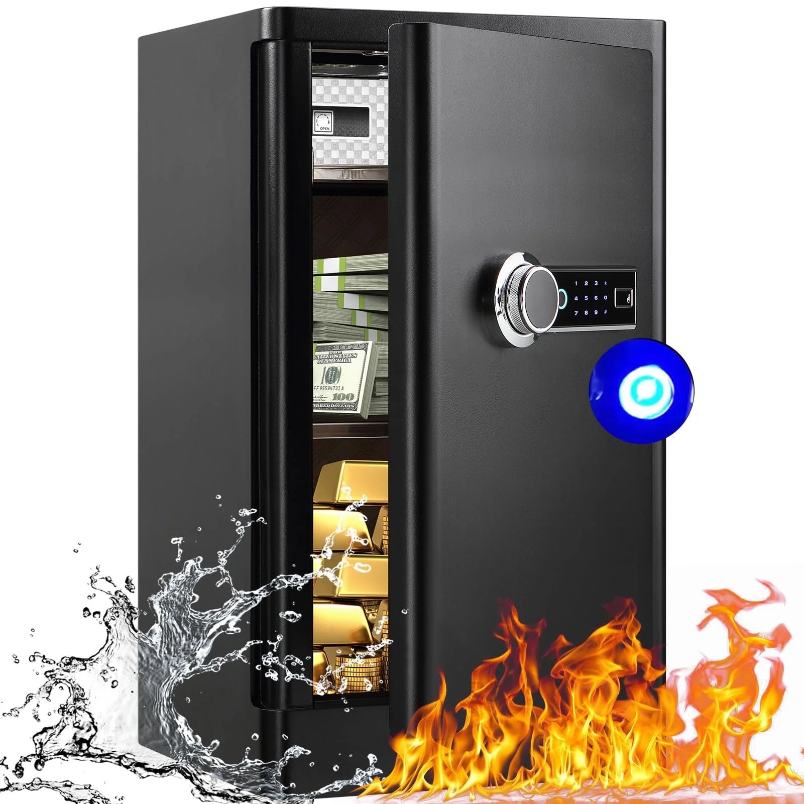 5.0 Cubic Feet Extra Large Biometric Home Safe Fireproof Waterproof, Anti-Theft Touch Screen Fingerprint Home Security Safe Box With Hidden Compartment, Separate Lock Box and Led Light(TC60)