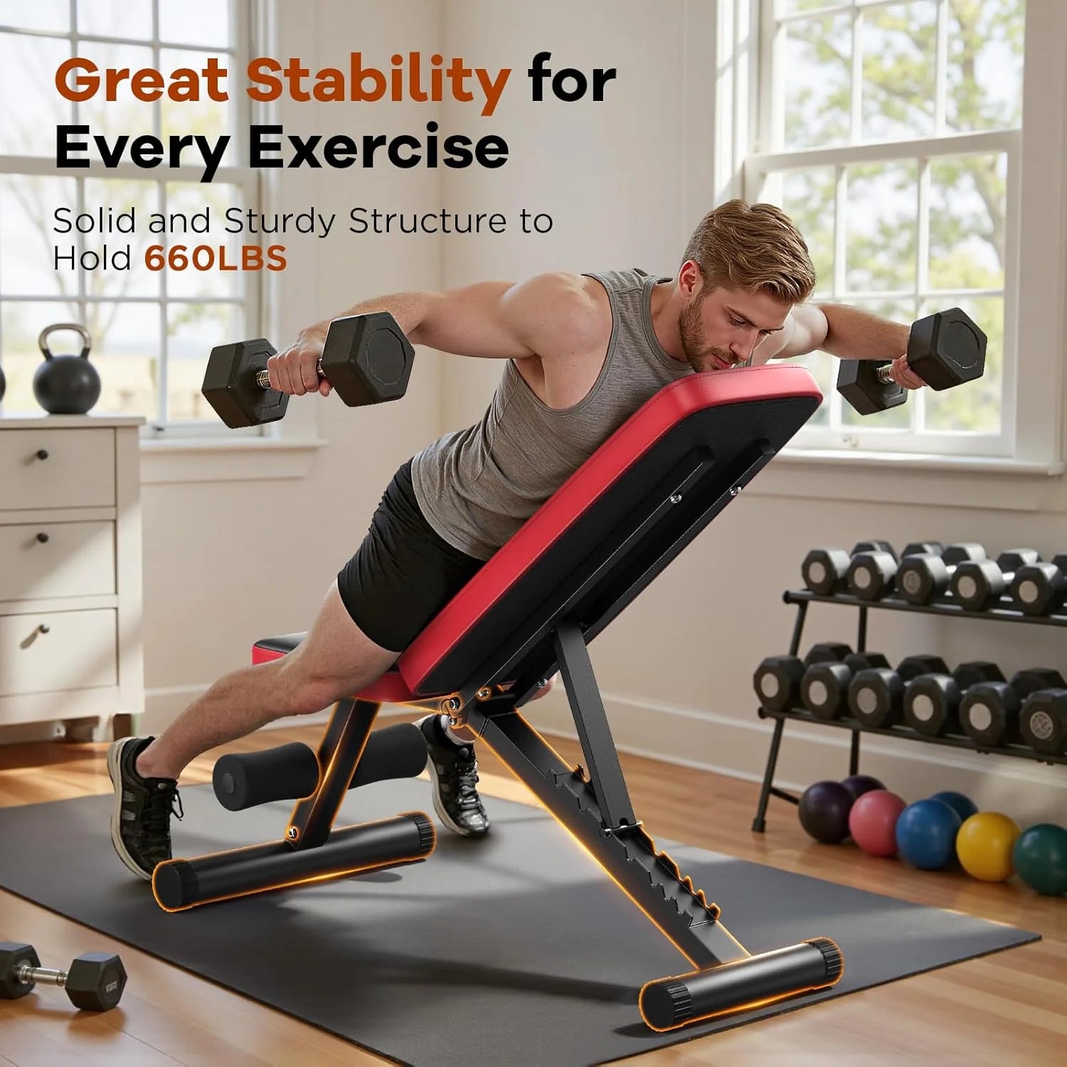 Basic Weight Bench for Home Gym, Foldable Workout Bench with 8 Backrests, 660LBS Weight Capacity Adjustable Bench