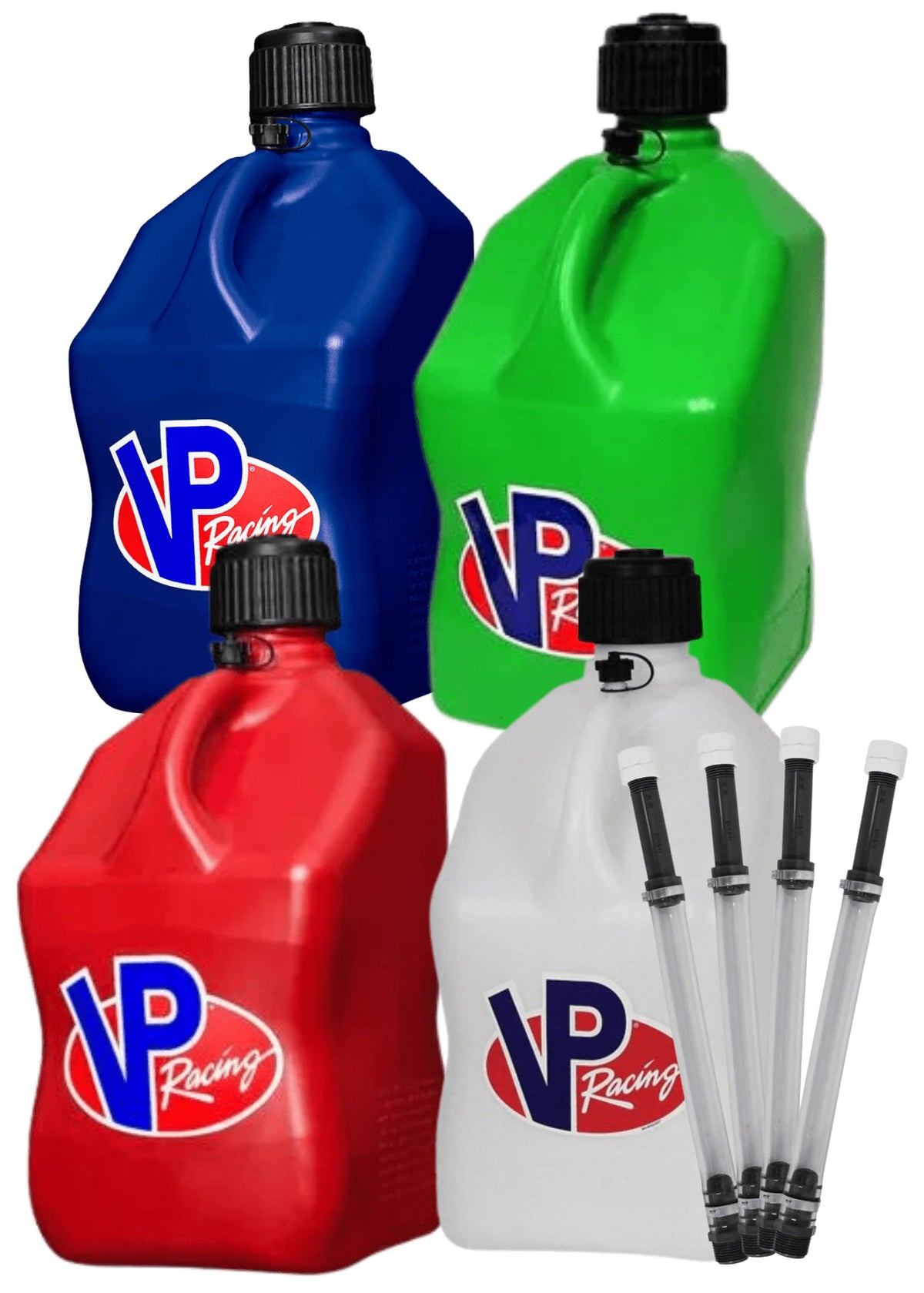 VP Racing Fuel 5.5 Gallon Racing Utility Jug Multicolor Bundle 4 Pack by Louisiana Pantry (4 Deluxe Hoses Included, Blue, Red, Green, and White)