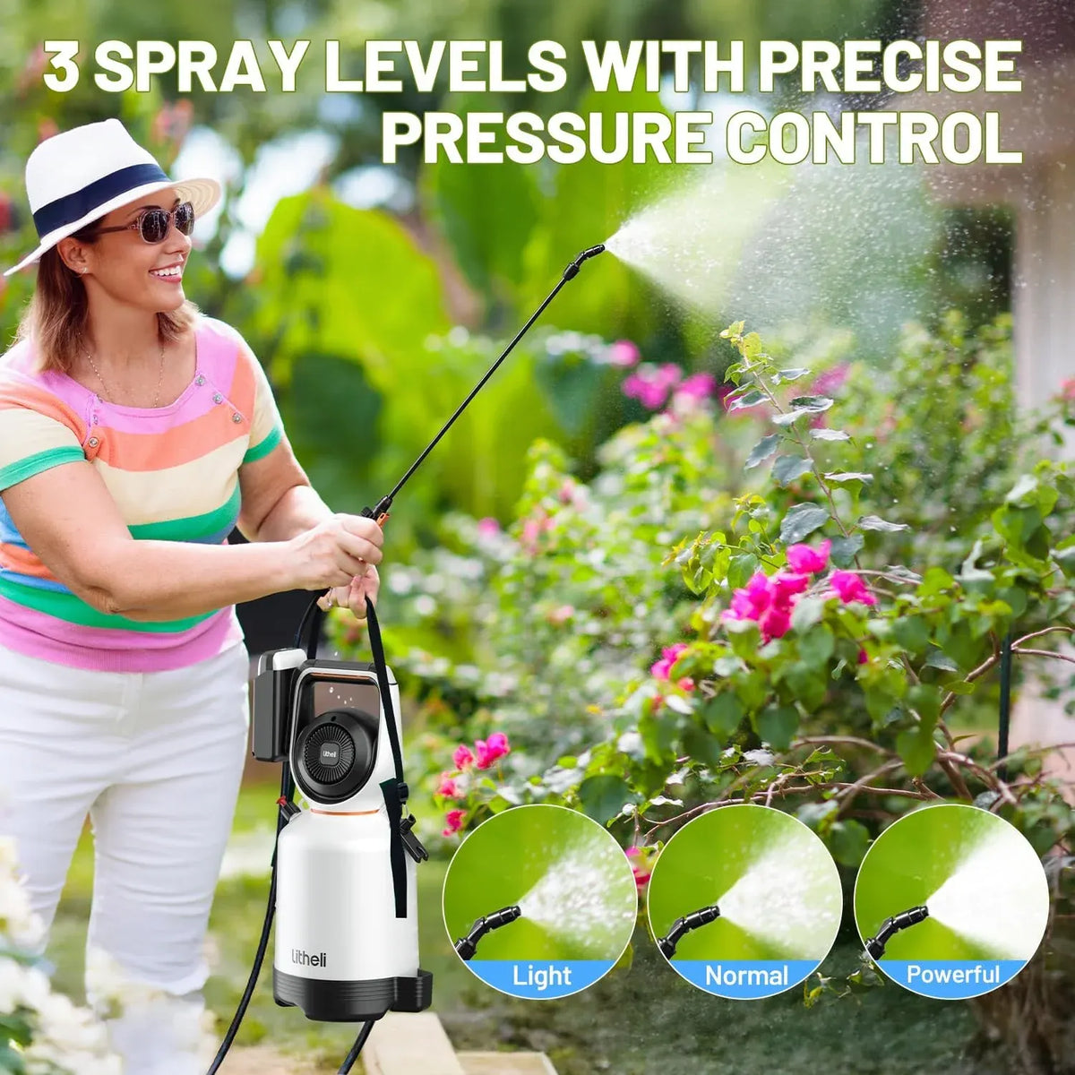 Litheli 20V Cordless Garden Sprayer, 1.3 Gallon/4.75L Pump Sprayer, Intelligent Pump Pressure Control, 2 Spray Modes for Spraying Plants, Garden Watering, with 2.0Ah Battery Included