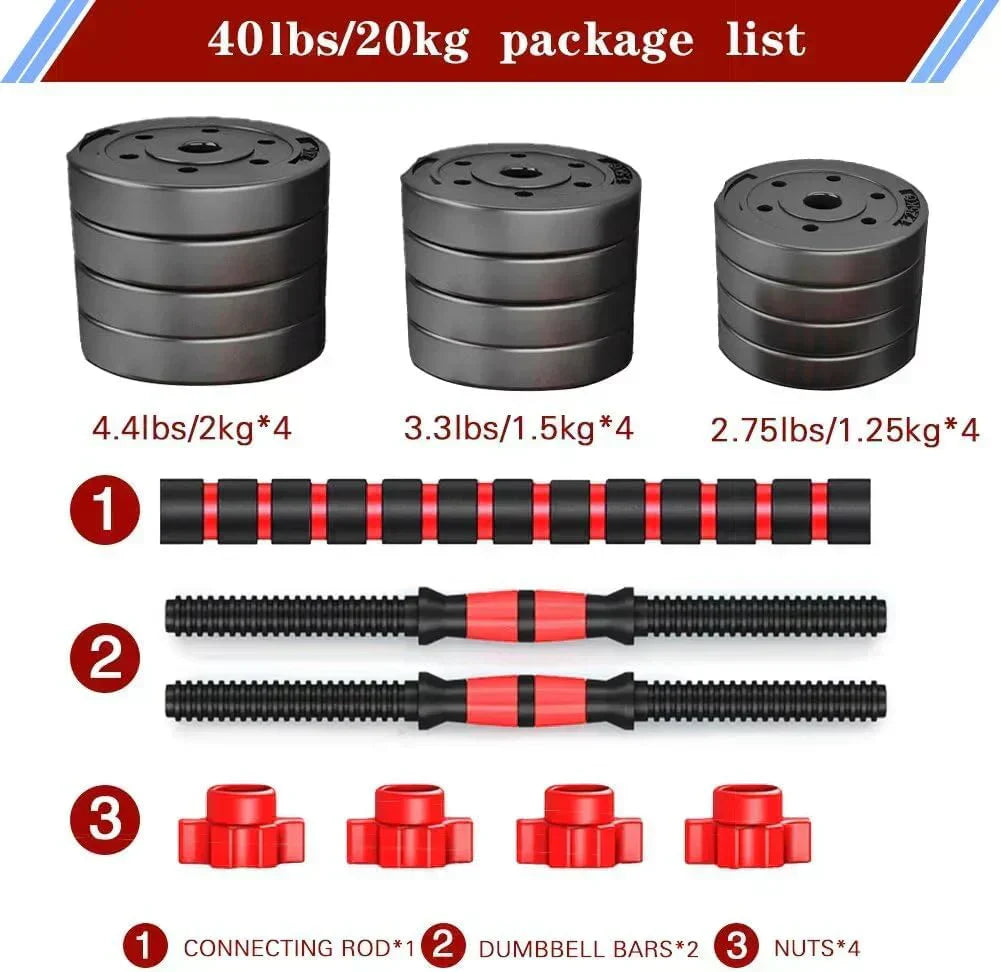 Adjustable dumbbell set, free weight dumbbell pair convertible into barbell