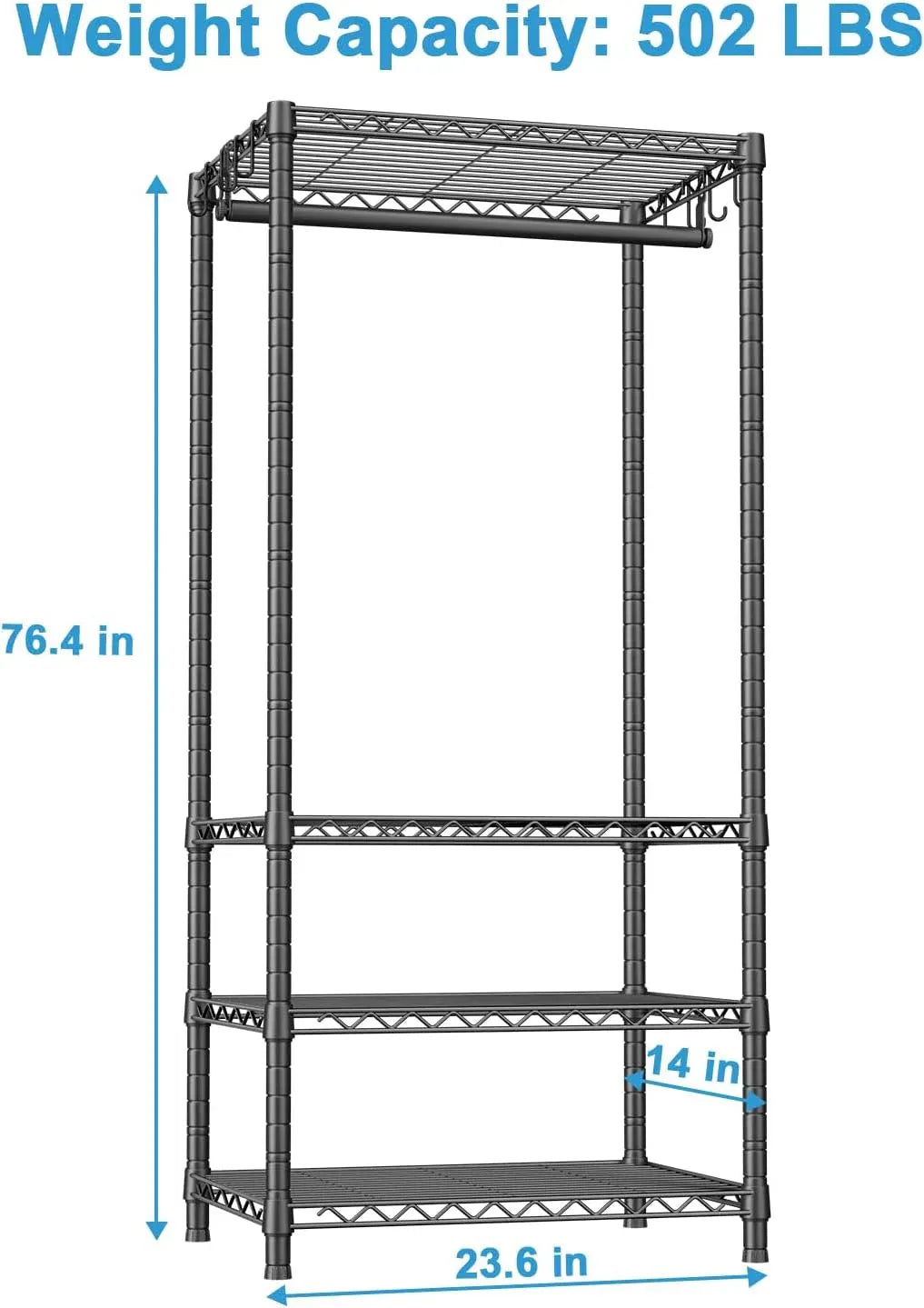 Ulif H4 Mini Portable Closet, 4 Tiers Freestanding Clothing Garment Rack for Small Space, Metal Clothes Wardrobe System for Bedroom, 23.6 W x 14 D x 76.4 H, Load 502 lbs, Black