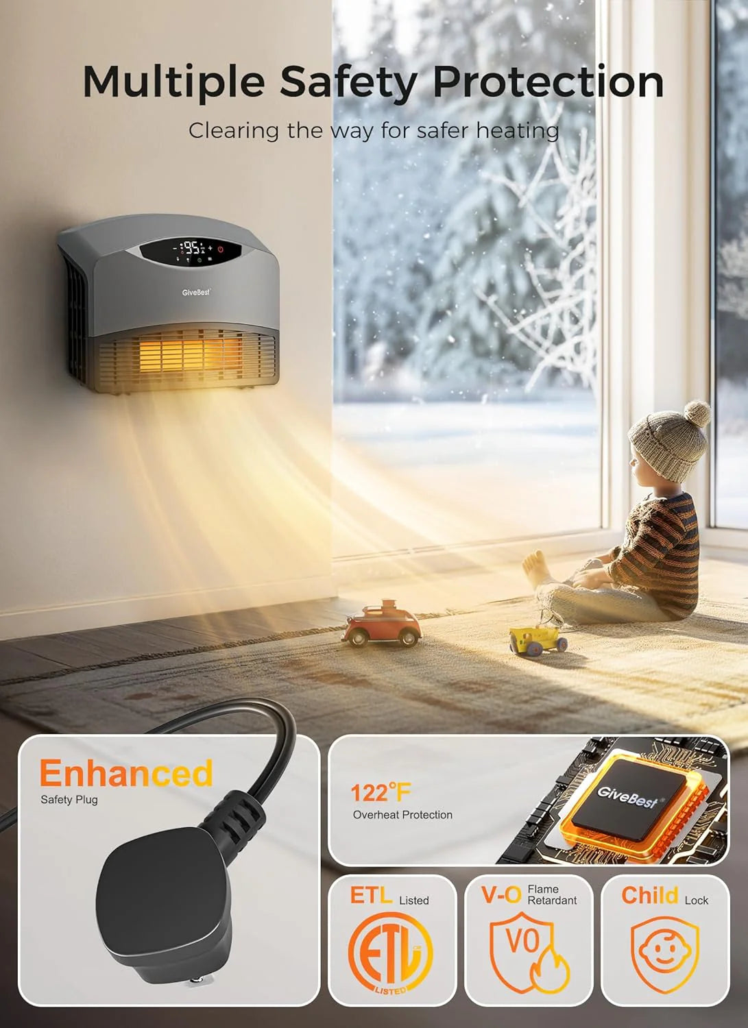GiveBest Electric Wall Heater with WiFi and Remote Control, Floor or Wall Mounted Heater, Large Room Coverage, 3 Heating Modes, 1500W Fast Heating Space with Thermostat for Indoor Room Use