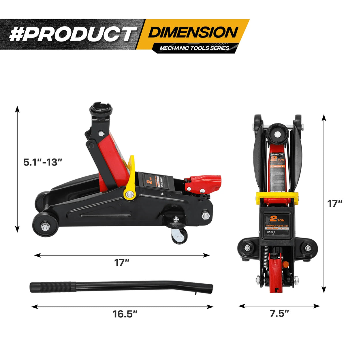 M-AUTO 3PC Jack & Stands Set Heavy Duty Manual Floor Jack with 2 Jack Stands, 2 Ton Capacity Trolley (4,000 lb), Black