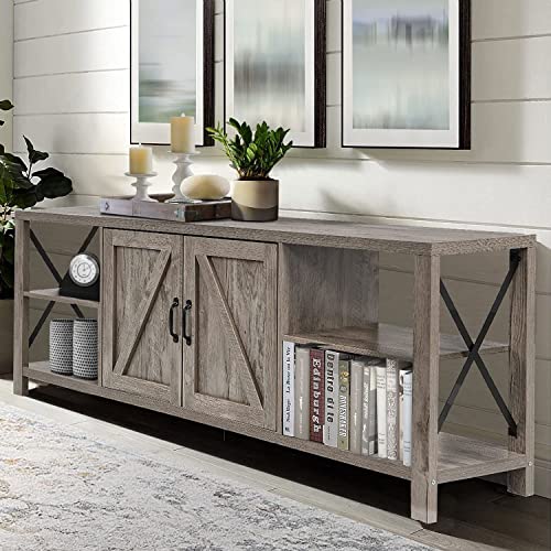 70 Inch TV Stand for 75 Inch TV Entertainment Center Farmhouse, Modern Barn Door TV Console Table with Storage Cabinets and Shelves for TVs Up to 75, Rustic Gray Wash