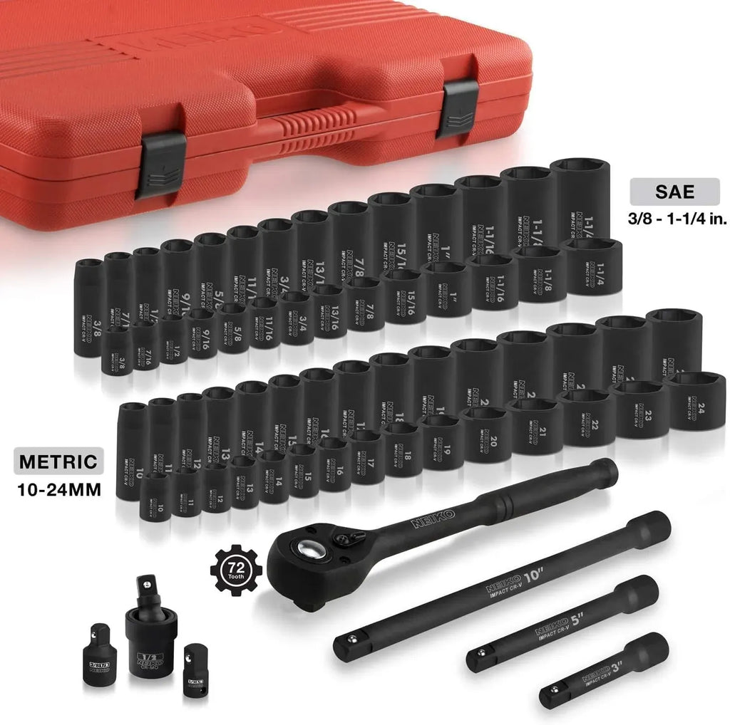 02448A 1/2 Drive Master Impact Socket Set, 65 Piece, Standard SAE (3/8-1-1/4) & Metric (10-24 mm) Sizes, Deep & Shallow Kit, Includes Adapters & Ratchet Handle