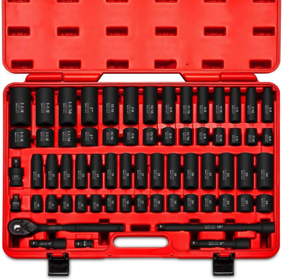 02448A 1/2 Drive Master Impact Socket Set, 65 Piece, Standard SAE (3/8-1-1/4) & Metric (10-24 mm) Sizes, Deep & Shallow Kit, Includes Adapters & Ratchet Handle