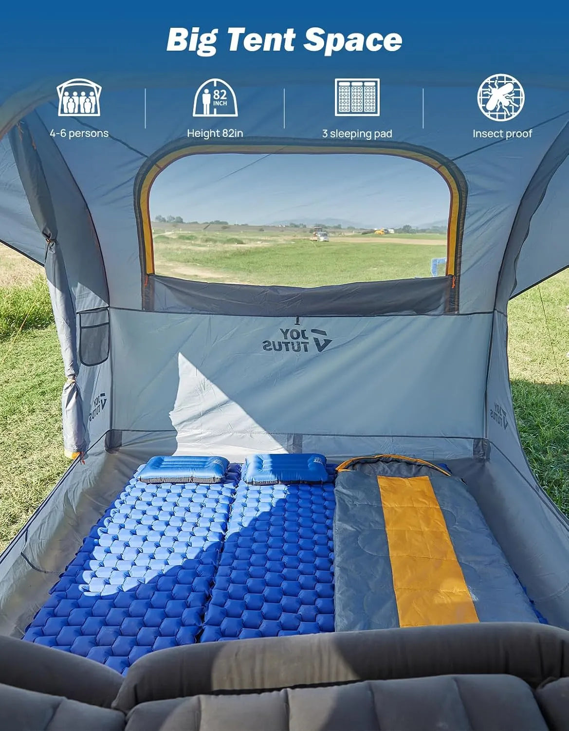 Tent for Camping with Rainfly, Double Door Design Car Tent with Aluminum Poles, SUV Tailgate Tent with Waterproof PU2000mm Double Layer for 4-8 Person, Orange