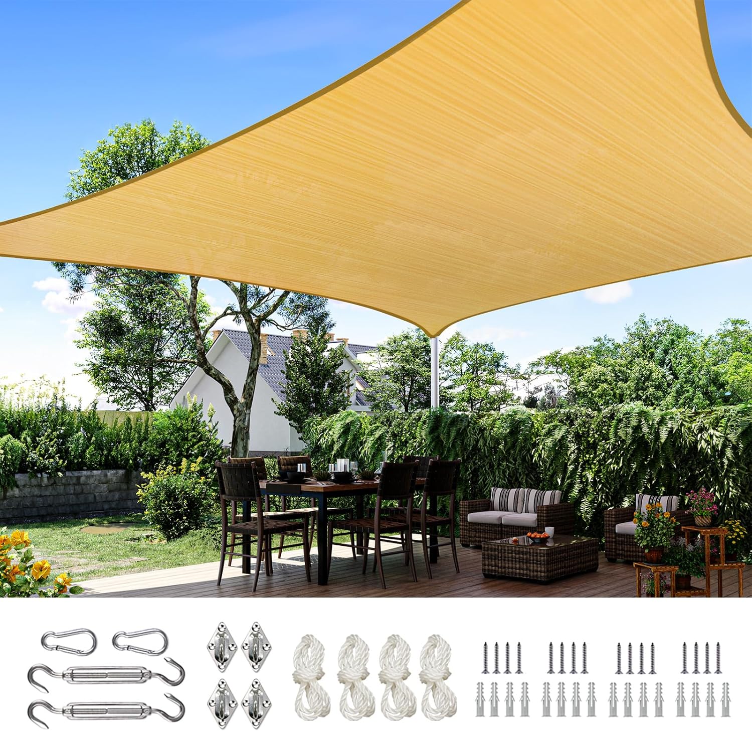 Quictent 20X20FT 185G HDPE Square Sun Shade Sail Canopy 98% UV Block Outdoor Patio Garden with Hardware Kit (Brown)