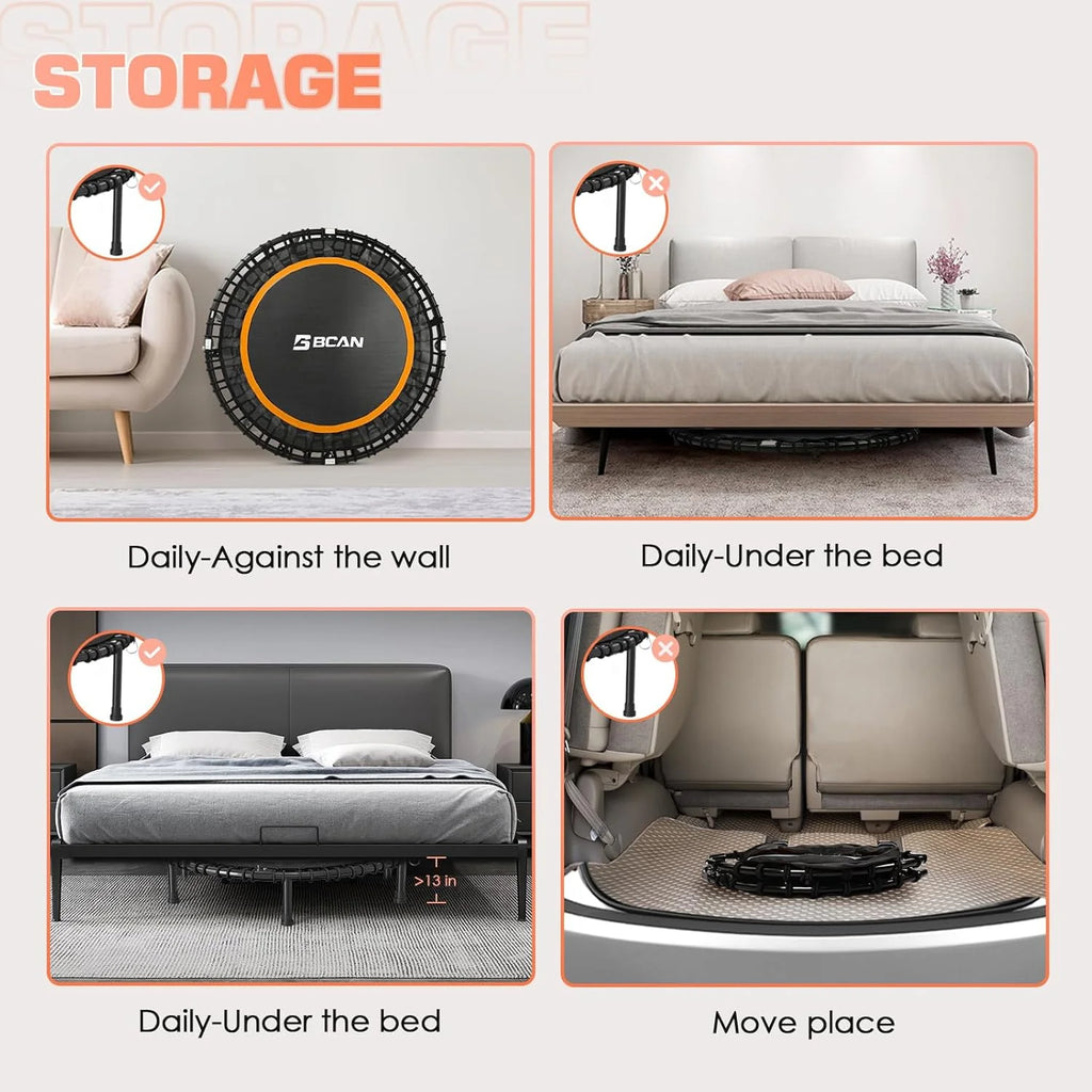 BCAN 450/550 LBS Foldable Mini Trampoline, 40/48 Fitness Trampoline with Bungees, U Shape Adjustable Foam Handle, Stable & Quiet Exercise Rebounder for Adults Indoor/Outdoor Workout