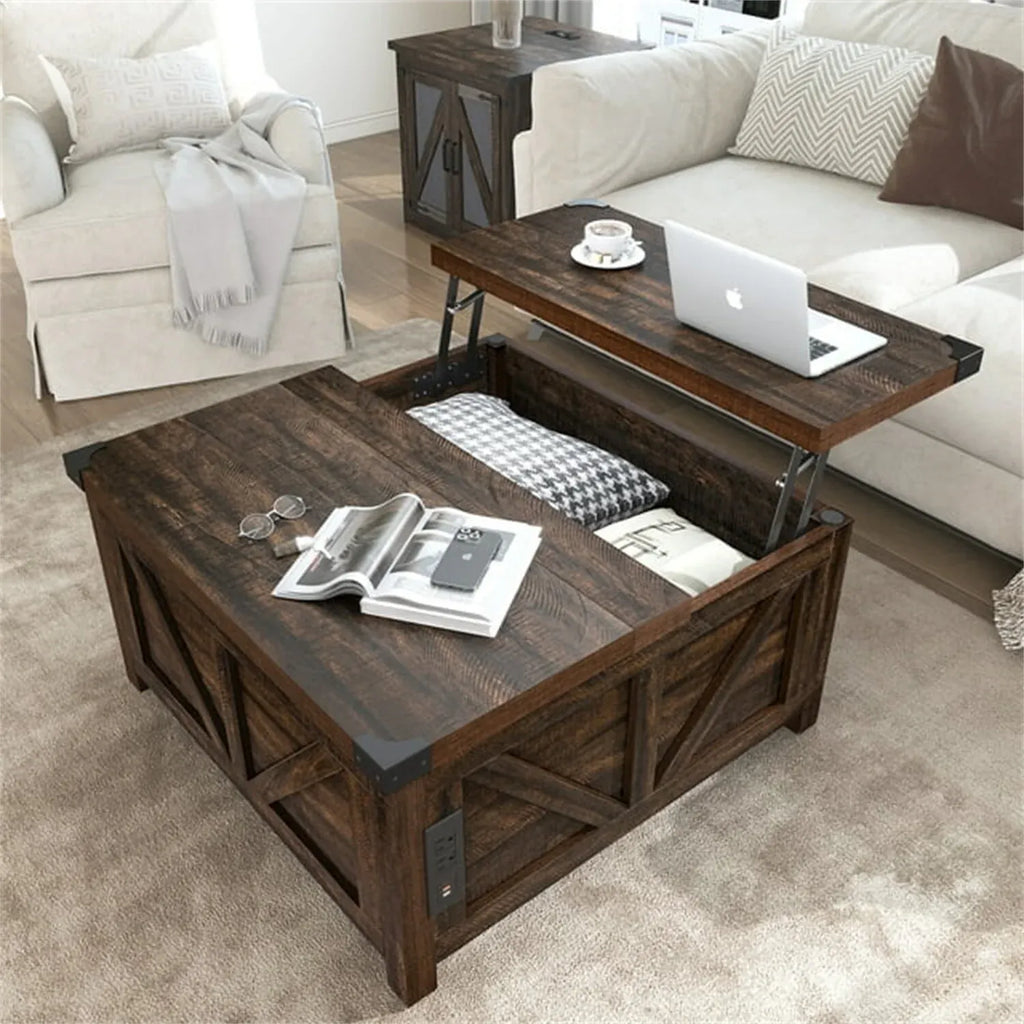 35.6 Farmhouse Lift Top Coffee Table, Square Center Table with Charging Statio