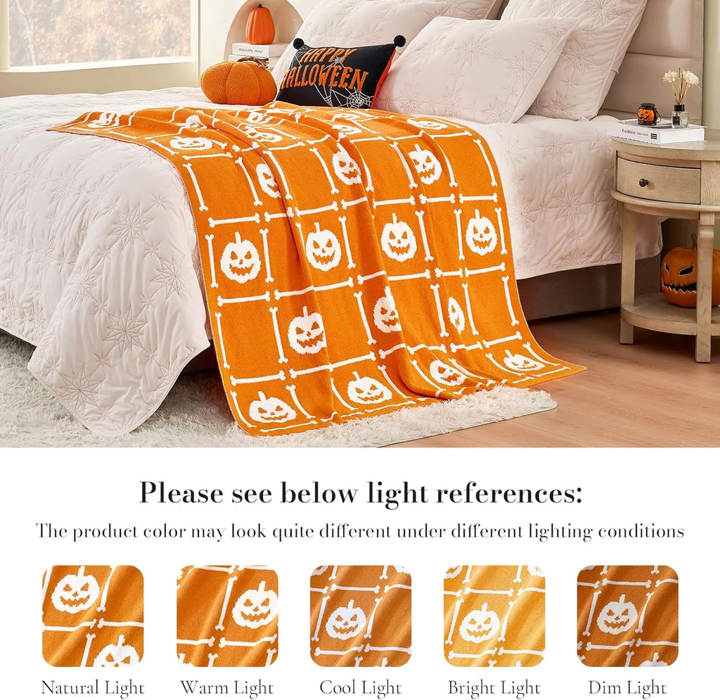 AmÃ©lie Home Halloween Throw Blanket for Couch, Reversible Pattern Pumpkin Skull Themed, Chenille Knit Stitch Pattern Soft Cozy for Bed Home Decor, 50 x 60, Pumpkin Skeleton Checkerboard