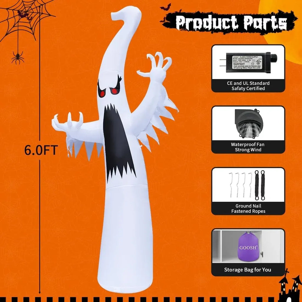 6 FT Halloween Inflatable Ghost with LED Scary Blow Up Decor - Inflable Fantasma