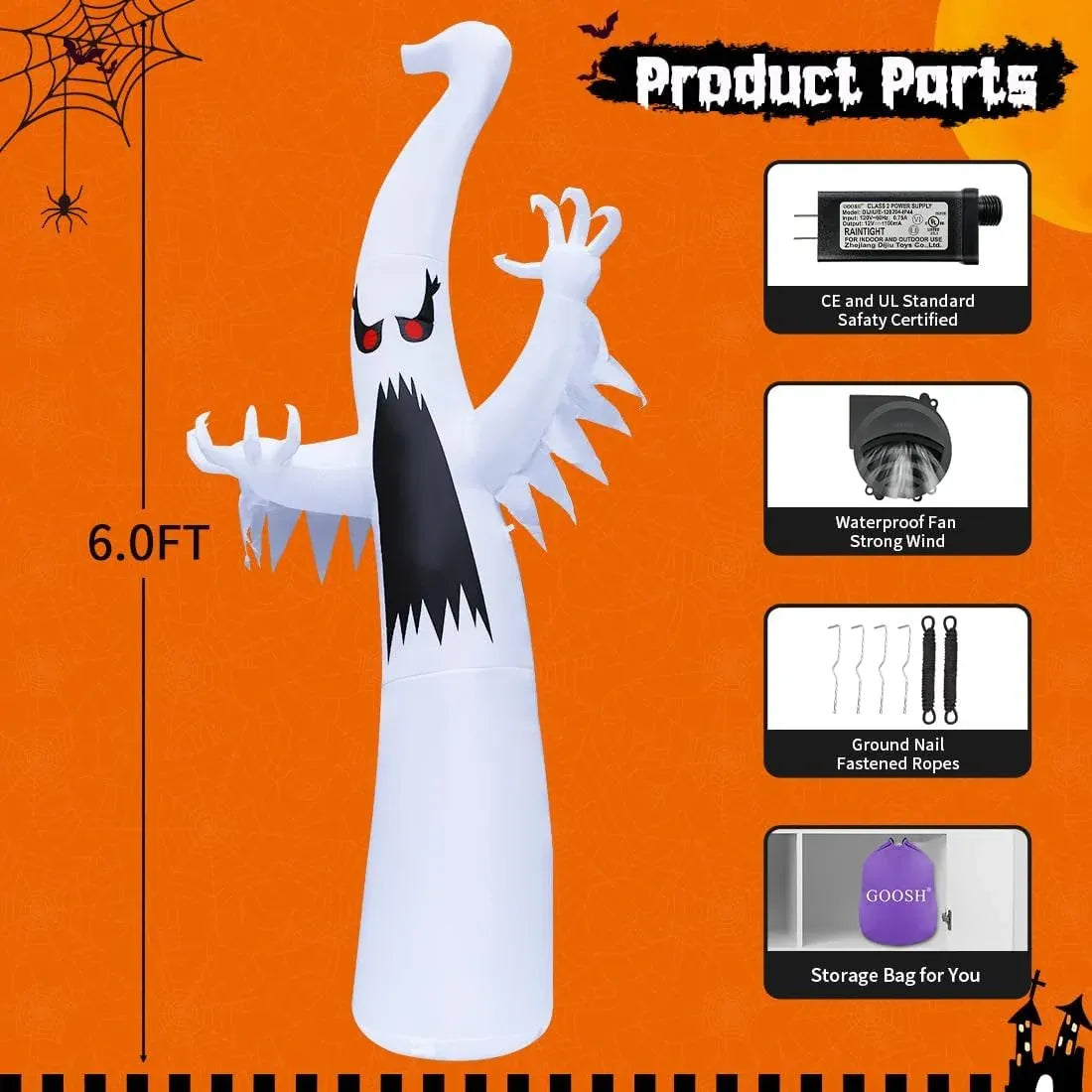 6 FT Halloween Inflatable Ghost with LED Scary Blow Up Decor - Inflable Fantasma