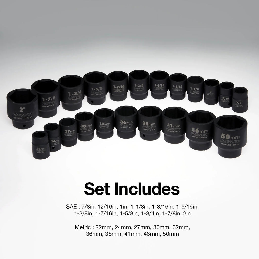 NEIKO 02499A 3/4-inch-Drive Jumbo Master Impact Socket Set, SAE and Metric Shallow-Sockets, SAE 7/8 to 2 and Metric 26 to 38 mm, 27 Pieces