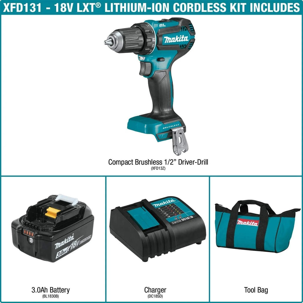 Makita XFD131 18V LXTu00ae Lithium-Ion Brushless Cordless 1/2 Driver-Drill Kit (3.0Ah)
