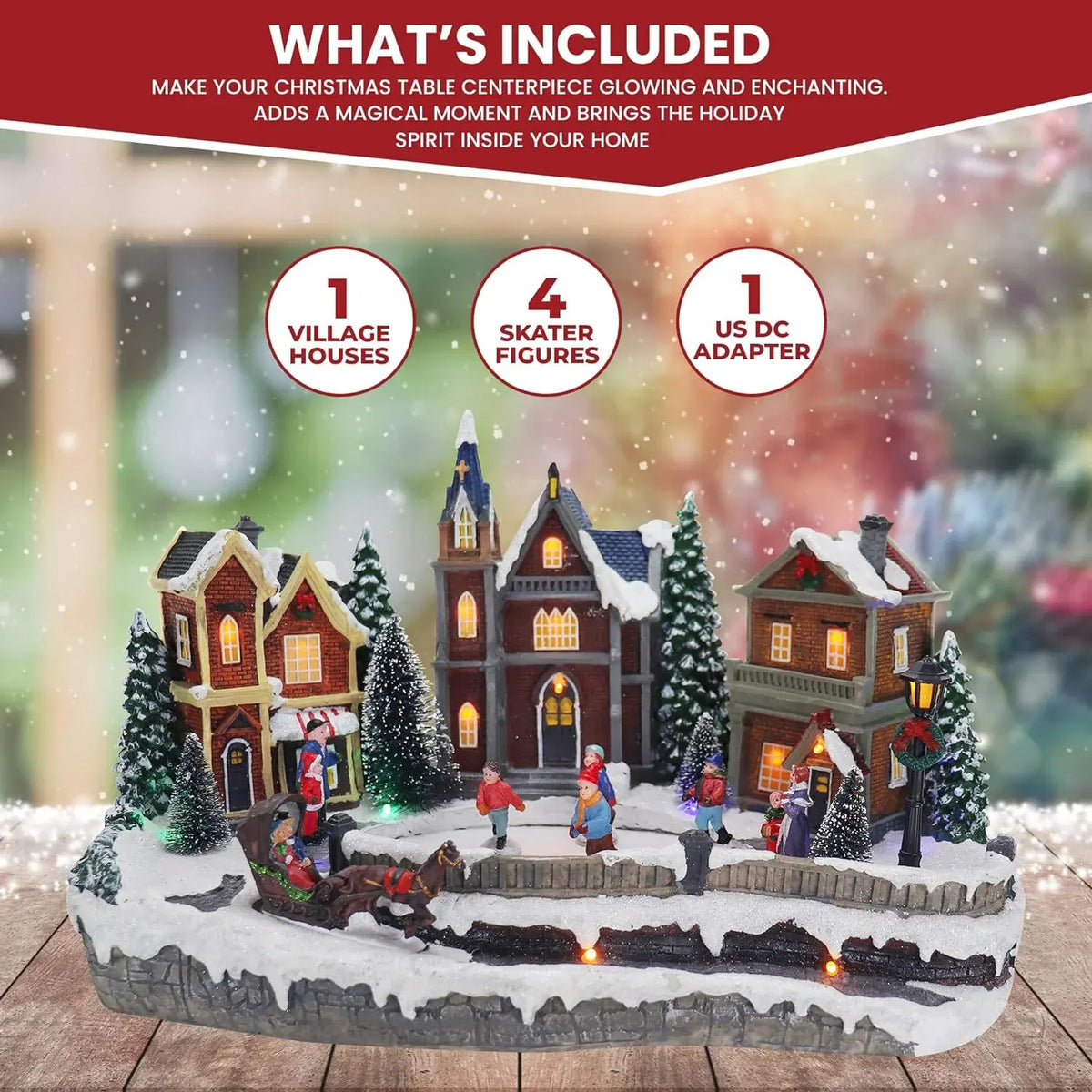 Large Animated Christmas Village Skating Town - Lighted Resin Musical Snow Scene