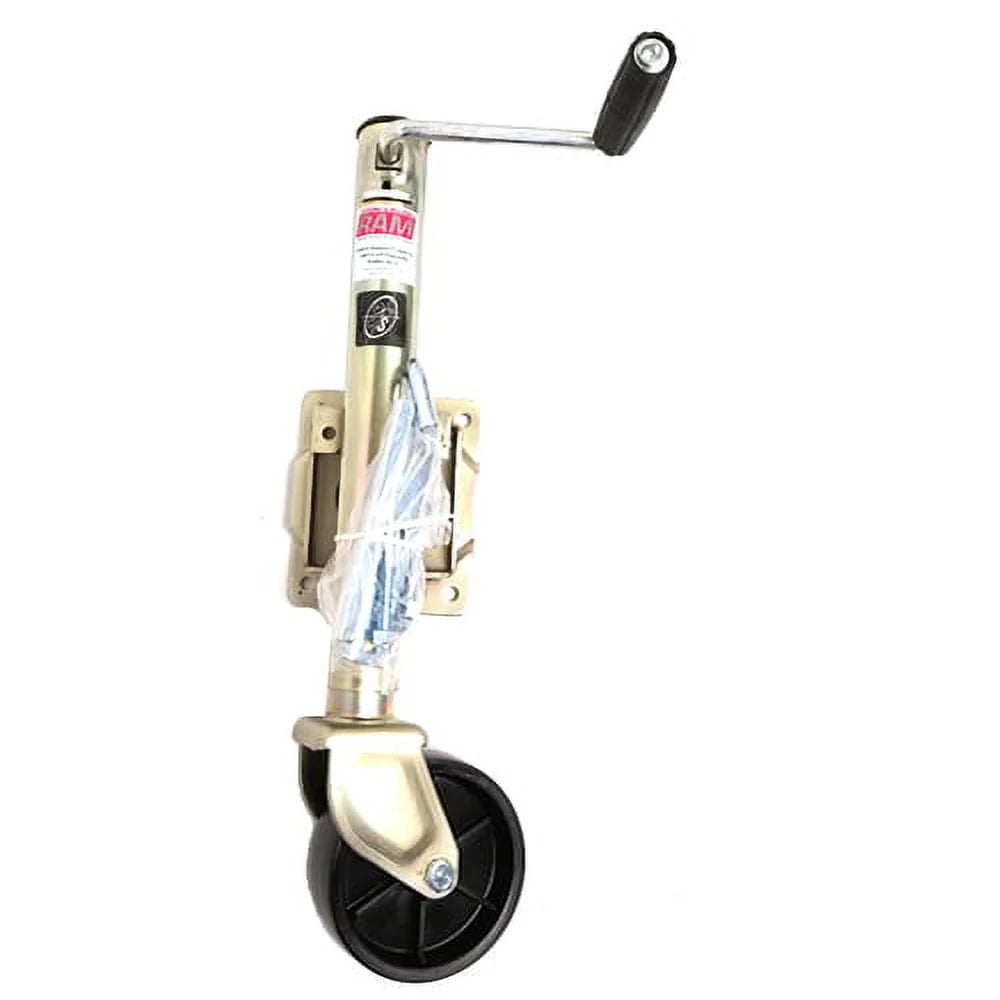 1,200 lbs. capacity RAM sidewind bolt-on swivel trailer jack zinc coated with 6 caster.