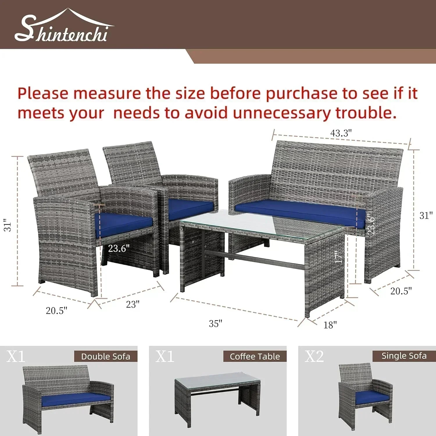Shintenchi 4 Piece Patio Ratten Set Outdoor Furniture Set Wicker Conversation Set
