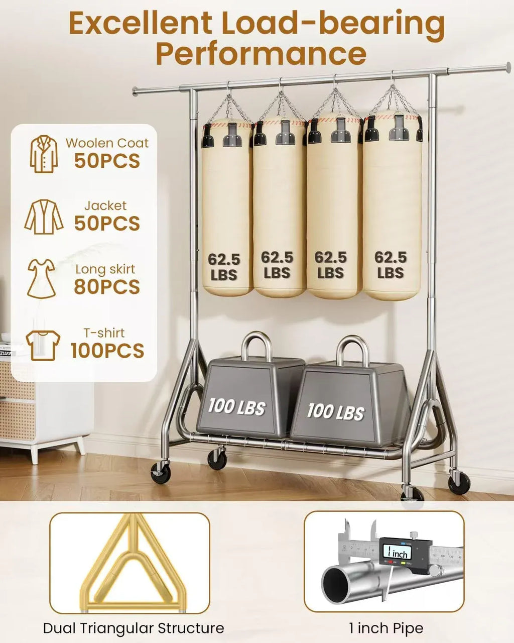 Heavy Duty Clothing Rack, Metal Clothes Rack Load 450 LBS, Rolling Coat Racks for Hanging Clothes with Lockable Wheels, Wardrobe Closet Garment Racks for Bedroom, Silver