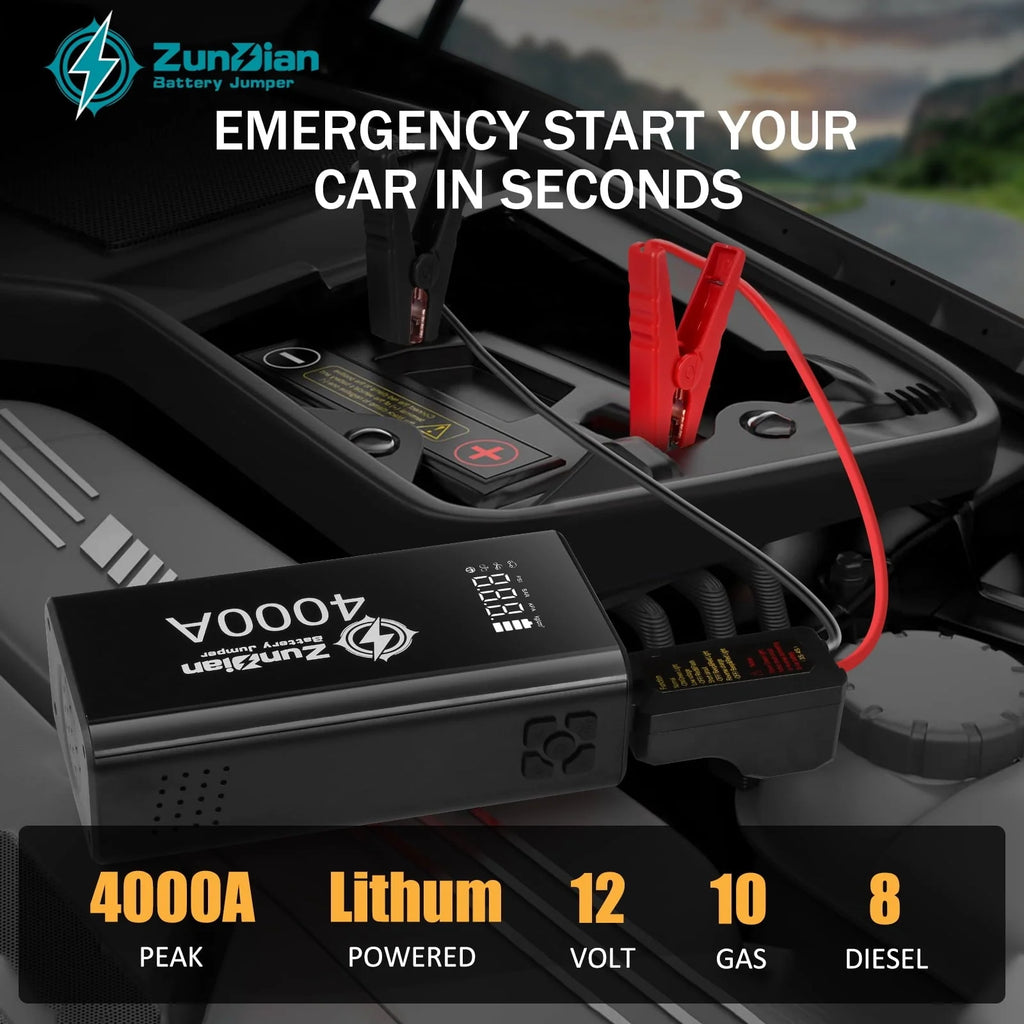 Jump Starter with Air Compressor, 4000A Portable Battery Jump Starter, 150PSI Digital Tire Inflator, 12V Jump Box Battery Power Pack(10.0L Gas/8.0L Diesel), Jumper Cables, QC 3.0, Included Gifts