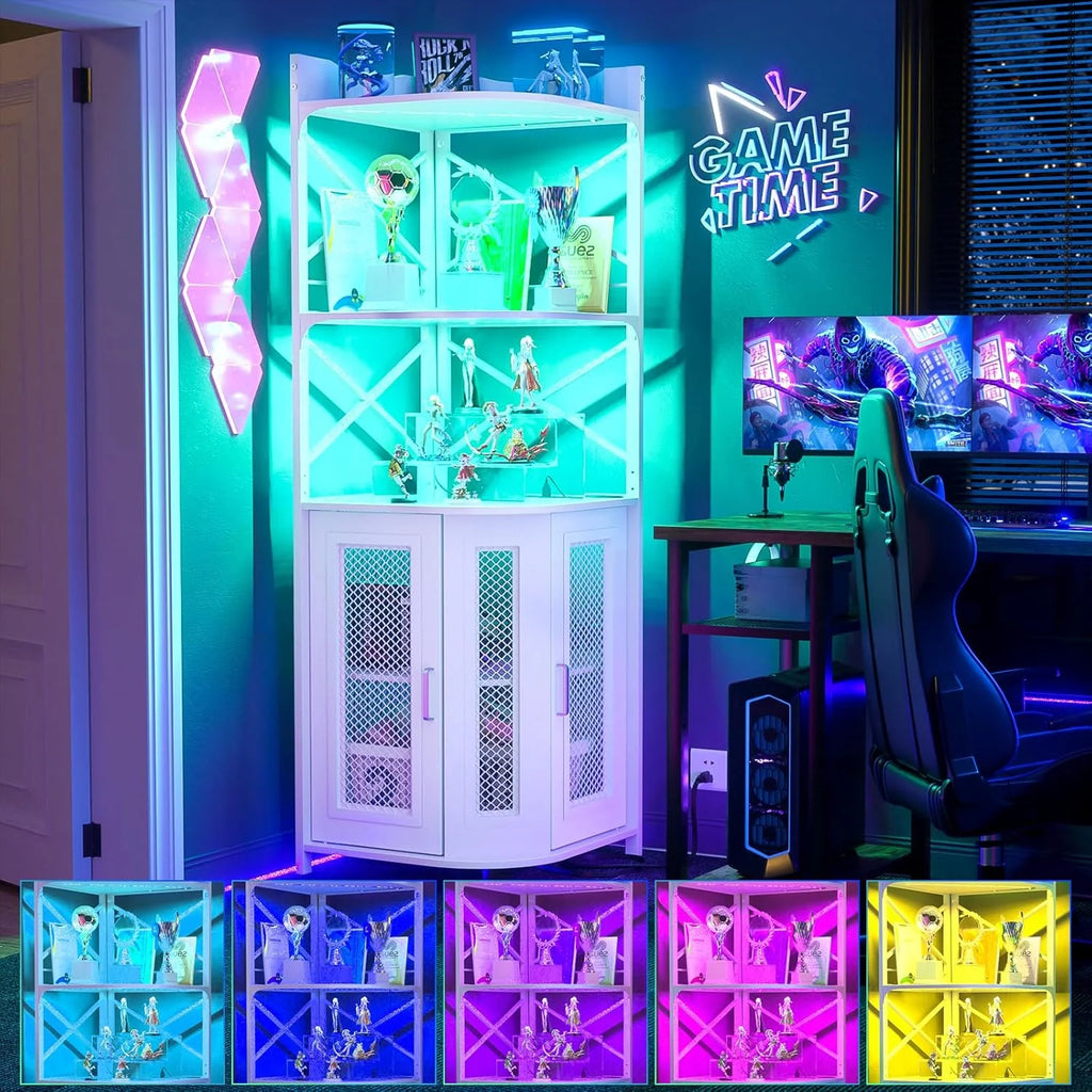 Corner bar cabinet with power socket, industrial style wine cabinet with LED light strip and glass rack, home five-layer wine cabinet bar unit, small space corner display cabinet