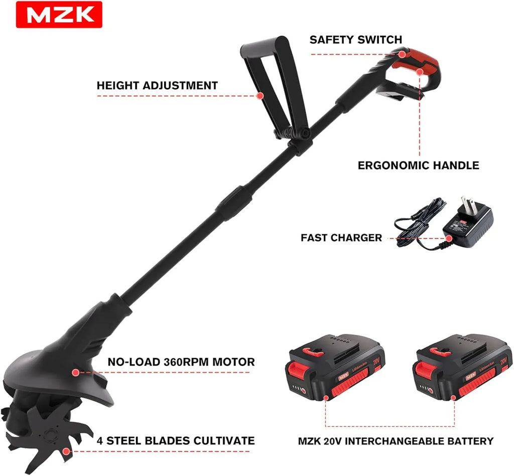 20V Cordless Tiller Cultivator with Steel Tines,8-inch Wide Battery Powered Garden Cultivator, 360RPM Electric Tiller for Lawn/Gardening/Soil Cultivation(2 * 2AH Battery&Charger Included),TC08D01