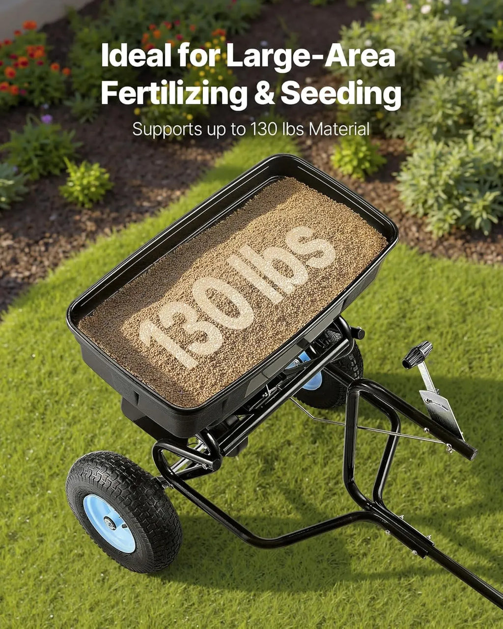 VEVOR Tow Behind Broadcast Spreader, 130LBS Capacity, Tow-Behind Lawn Spreader with 13 in Tires, 30 Adjustable Setting & 9.8 ft Spreading Width, Lawn Spreaders for Seed, Fertilizer, Salt, Ice Melt