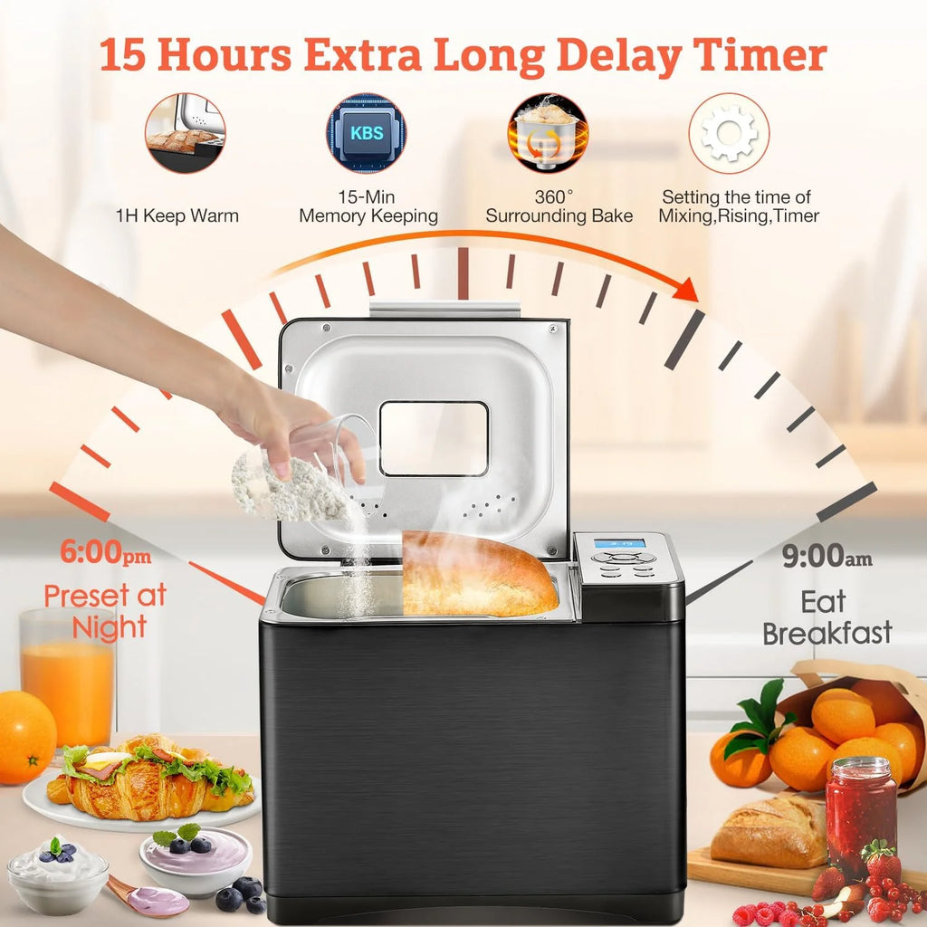 KBS 2LB Bread Maker, 19-in-1 Automatic Stainless Steel Bread Maker with Ceramic Pot, 650W Bread Maker, 3 Loaf Sizes