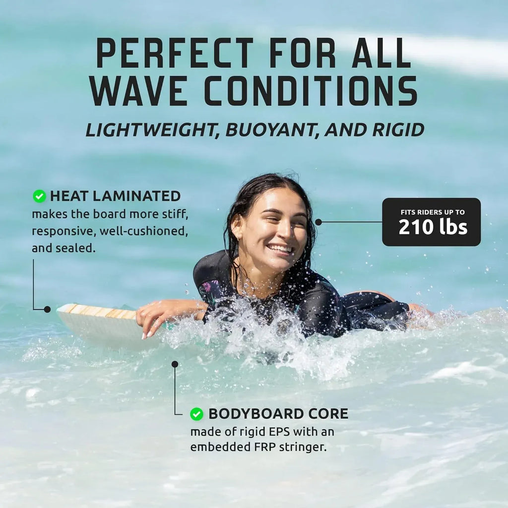 Quill 42'' Bodyboard Lightweight Durable EPS Core IXPE Deck HDPE Slick Bottom FRP Stringer Crescent Tail Dual Channel Plastic Mesh with Double Stainless Steel Swivel Coiled Wrist Leash