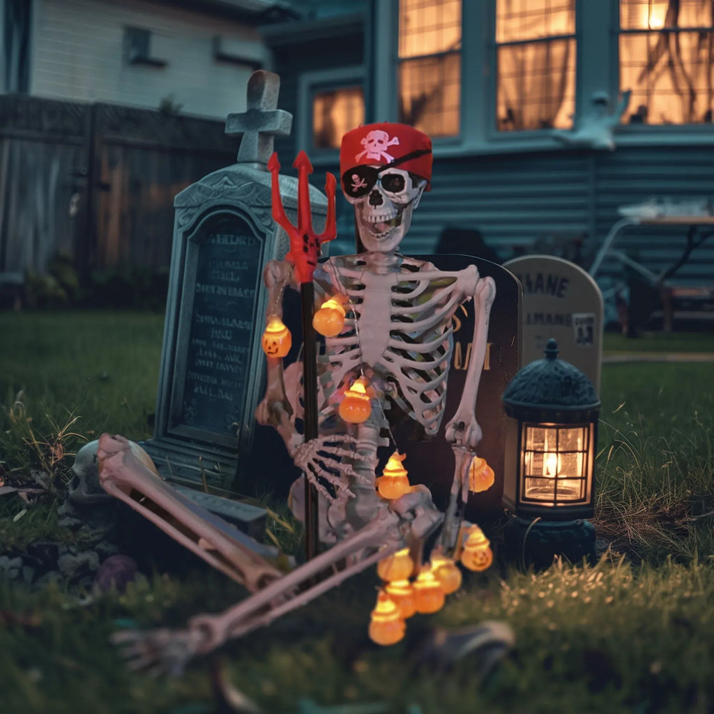 Yescom Pirate Life Size Skeleton Poseable with Halloween Lights, Full Size Skeleton Human 5.4 Ft for Party Decorations Patio Garden Haunted House Props