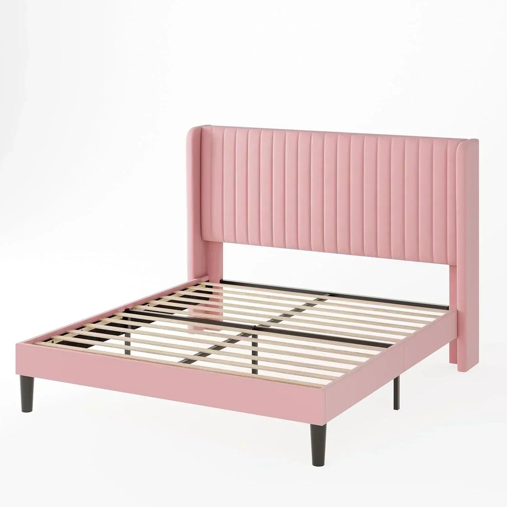Allewie Full Size Velvet Bed Frame Vertical Channel Tufted Wingback Headboard Upholstered Bed