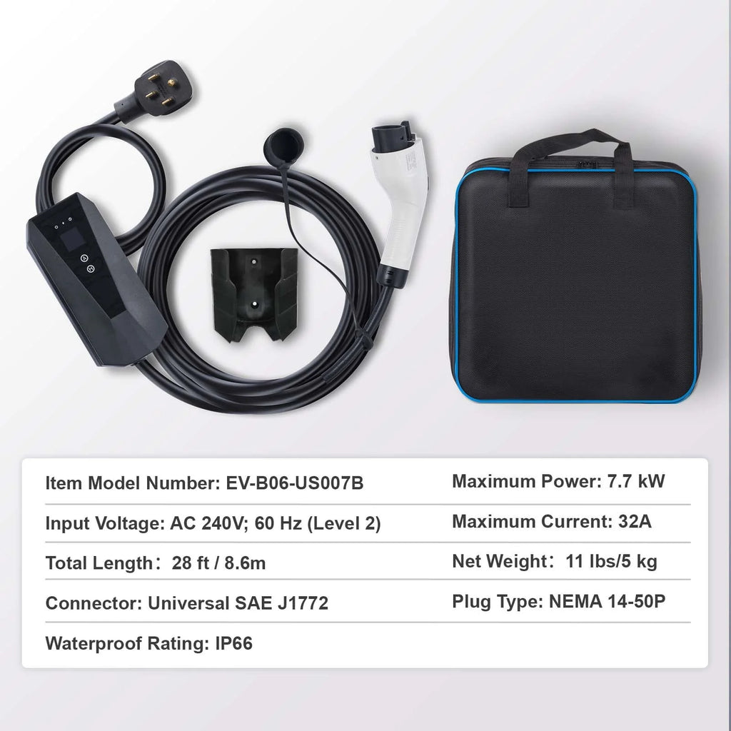 BENTISM Portable EV Charger (AC 240V 32 A) EV Car Charging Cable Level 2 NEMA 14-50P 28ft EV-B06-US007B