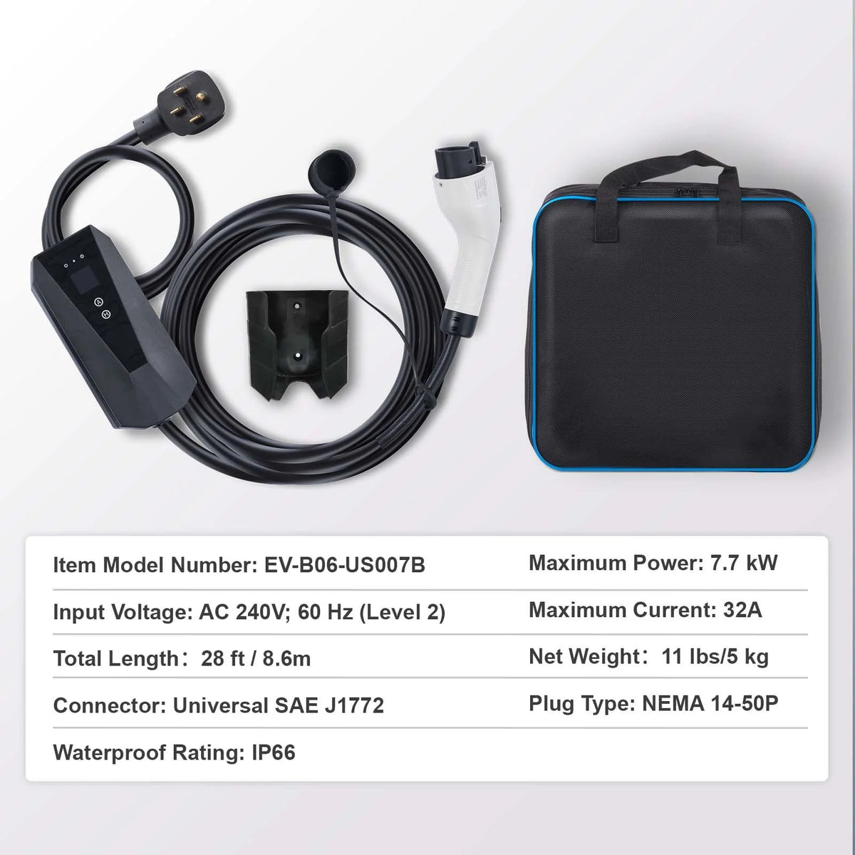 BENTISM Portable EV Charger (AC 240V 32 A) EV Car Charging Cable Level 2 NEMA 14-50P 28ft EV-B06-US007B