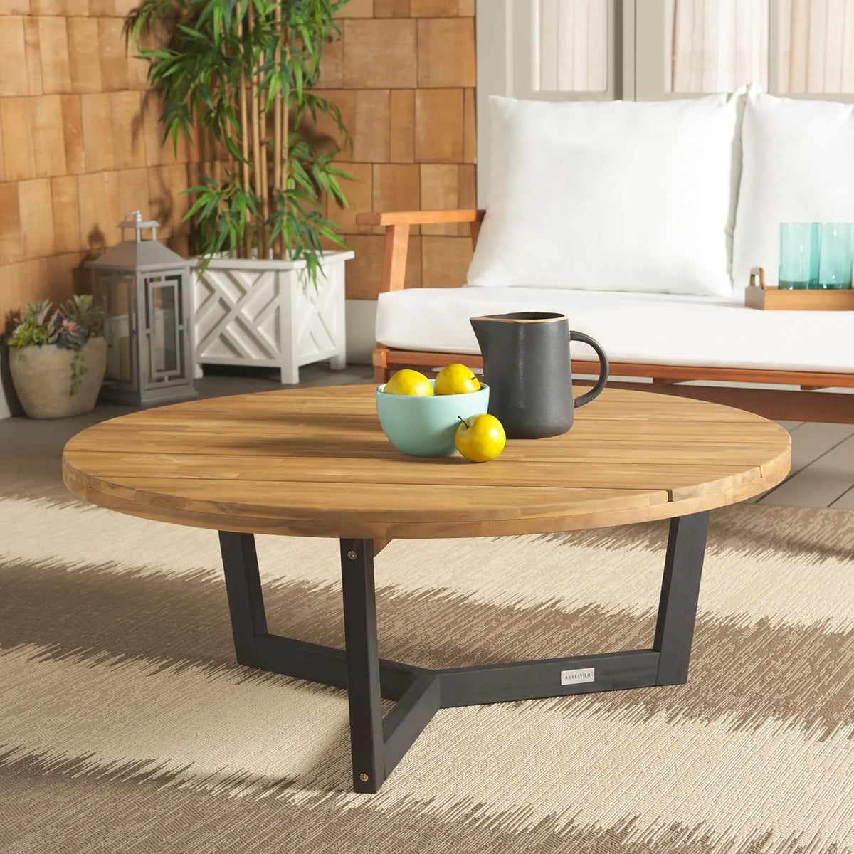 Outdoor Collection Leo Natural/Black Solid Wood Round Coffee Table
