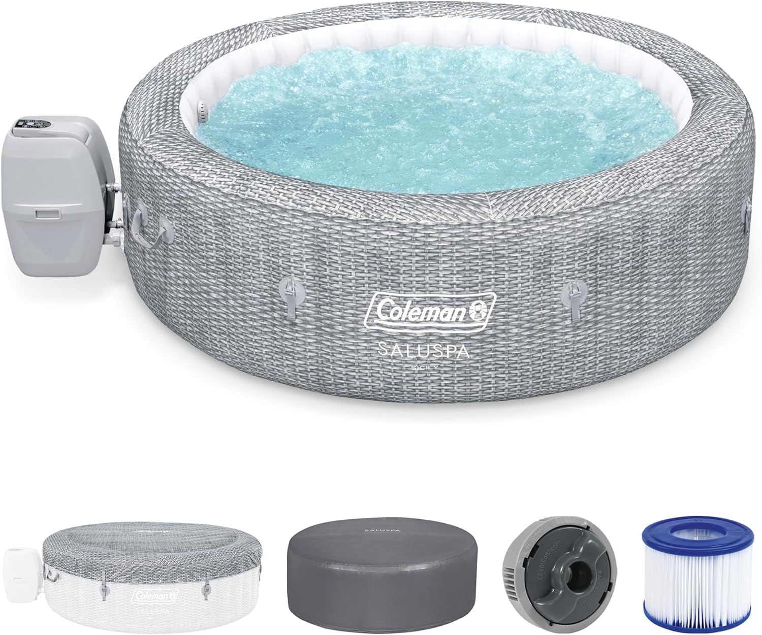 SaluSpa Sicily AirJet 7 Person Inflatable Hot Tub Round Portable Outdoor Spa with 180 Soothing AirJets and Insulated Cover, Gray