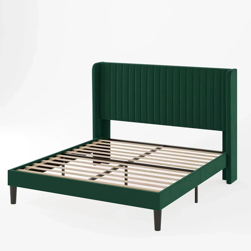 Allewie Full Size Velvet Bed Frame Vertical Channel Tufted Wingback Headboard Upholstered Bed