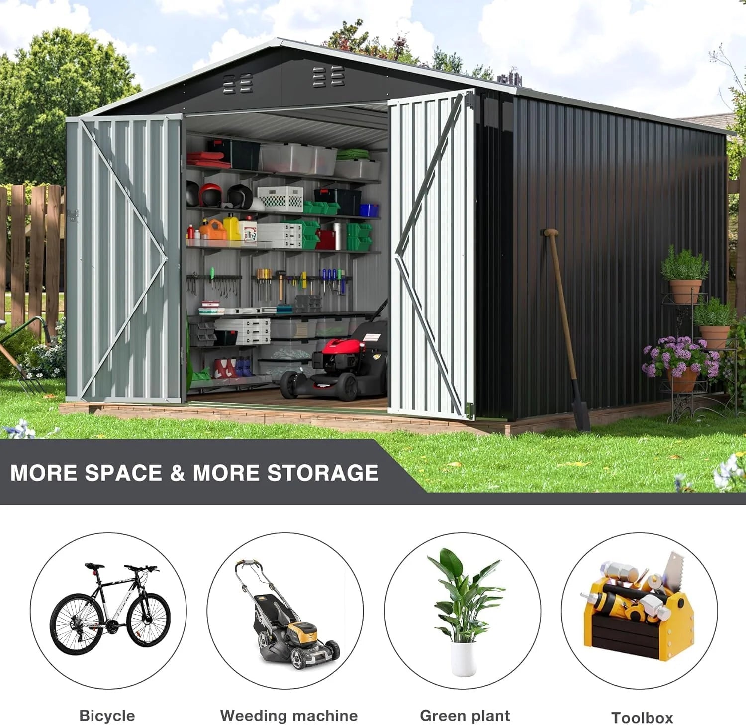 Polar Aurora 8 x 12 FT Outdoor Storage Shed, Metal Garden Shed with Updated Frame Structure, Tool Sheds for Backyard Garden Patio Lawn Black