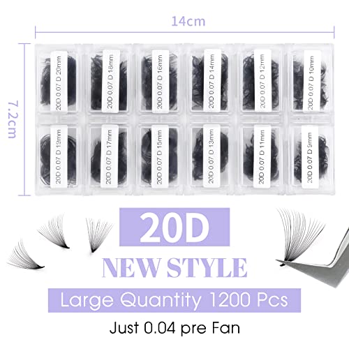 1200 Fans Lash Extension Premade Fans Eyelash Extensions 9-20mm Mixed 20D Eyelash Extension C Curl Pointed Base Volume Lash Extensions Handmade Lash Extensions(1200PCS-20D-0.07-C, 9-20mm mixed tray)