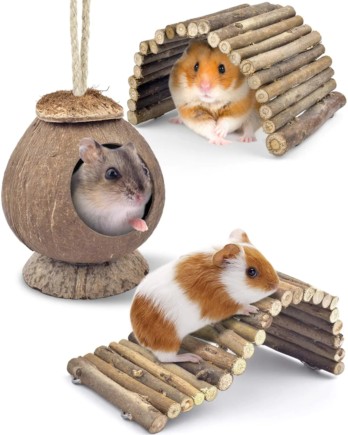 Cozy Coconut Pet House with Wooden Bridge