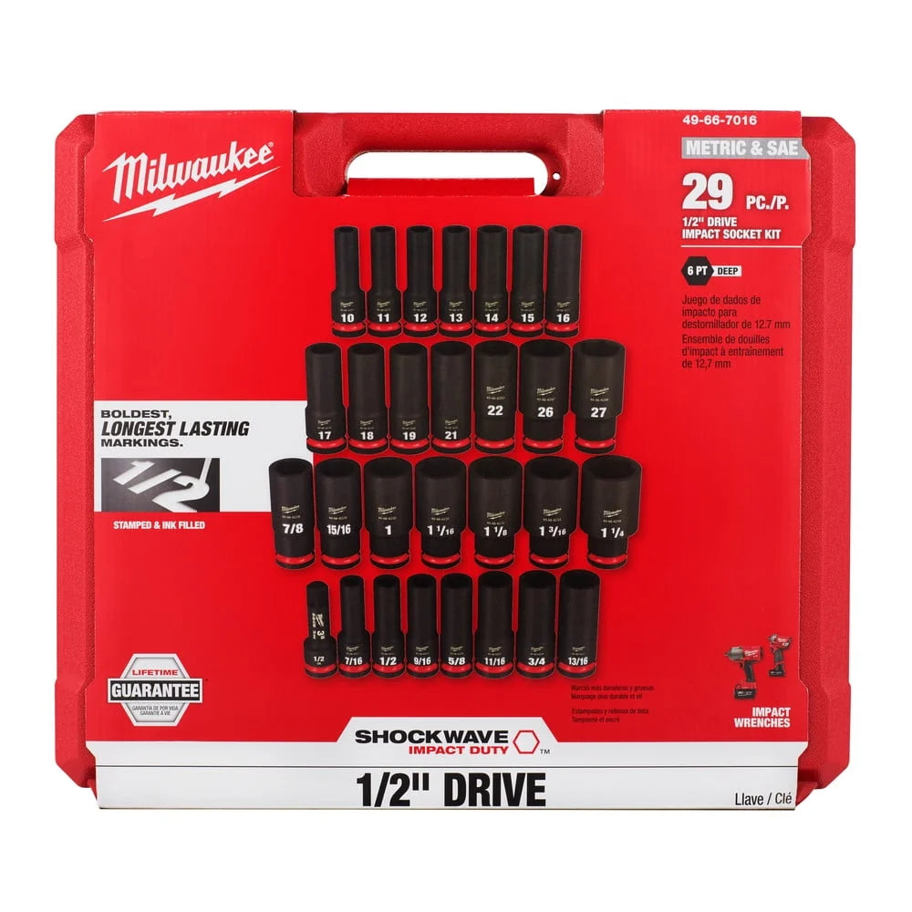 Milwaukee 49-66-7016 29-Piece SHOCKWAVE Impact Duty 1/2 in. Drive SAE and Metric Deep 6 Point Socket Set
