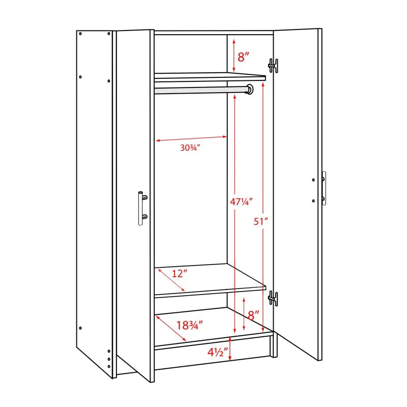 Prepac Elite 2 Door Wardrobe Cabinet， 32 W x 65 H x 20 D， White