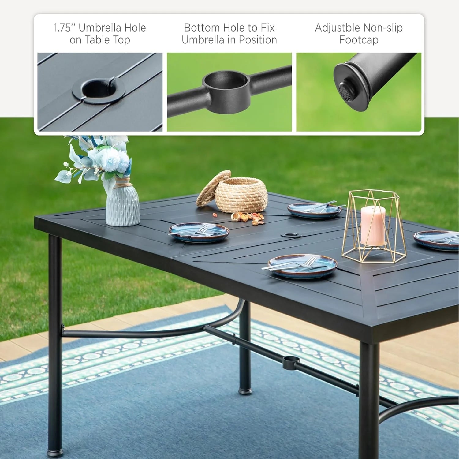 PHI VILLA 6-Piece Outdoor Dining Sets, All-Weather Patio Table and Chairs Set with Umbrella for 4, Heavy Duty Patio Round Table Set for Deck, 4 Extra Large Outdoor Swivel Chairs with Thick Cushions